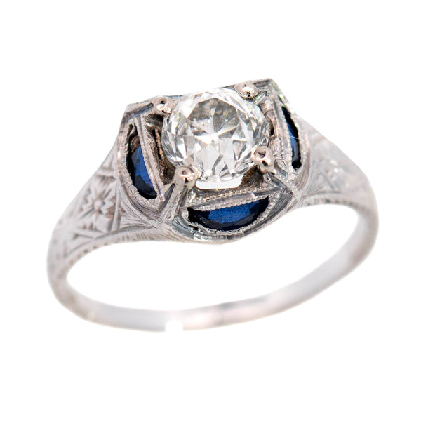 Art Deco 18k Sapphire + Diamond Engagement Ring