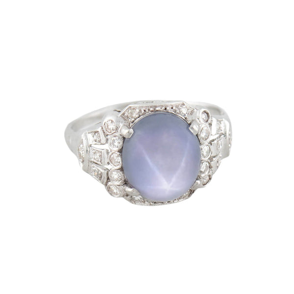 Art Deco Platinum 3.0ct Star Sapphire Cabochon + Diamond Ring