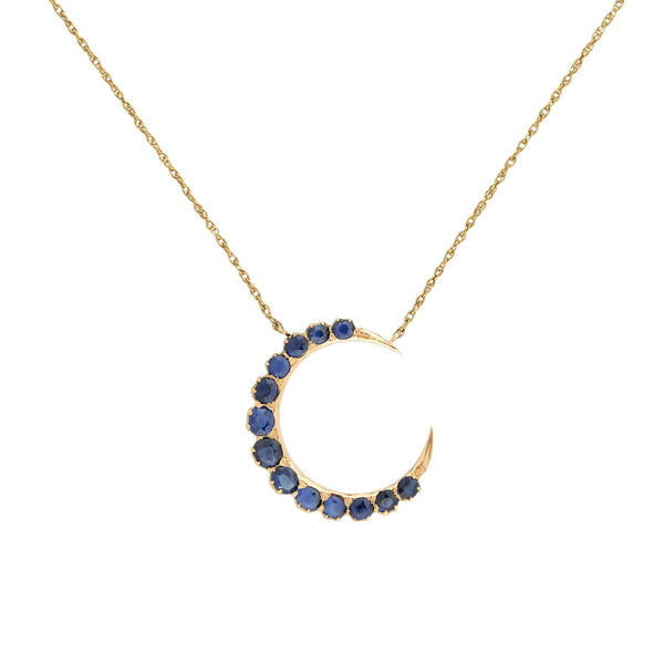 Victorian Style 14kt + Sapphire Crescent Moon Pendant Necklace