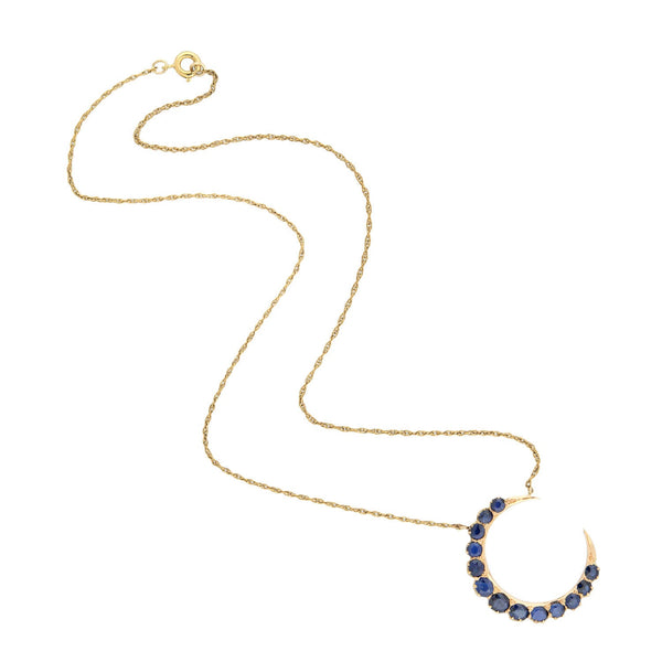 Victorian Style 14kt + Sapphire Crescent Moon Pendant Necklace