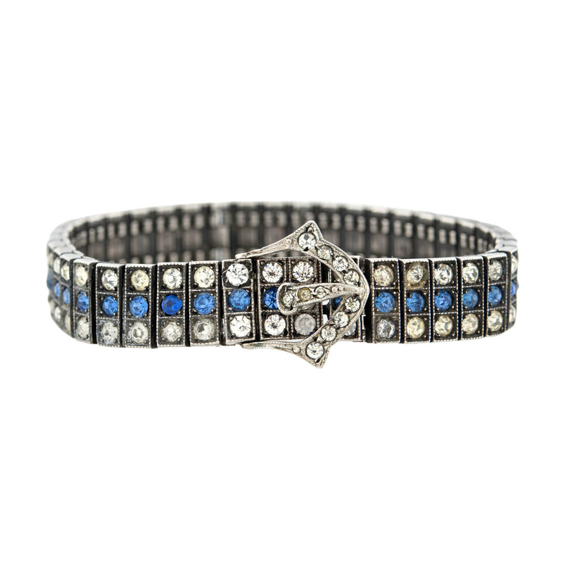 Art Deco Sterling White + Blue Paste Crystal Belt Buckle Motif Line Bracelet