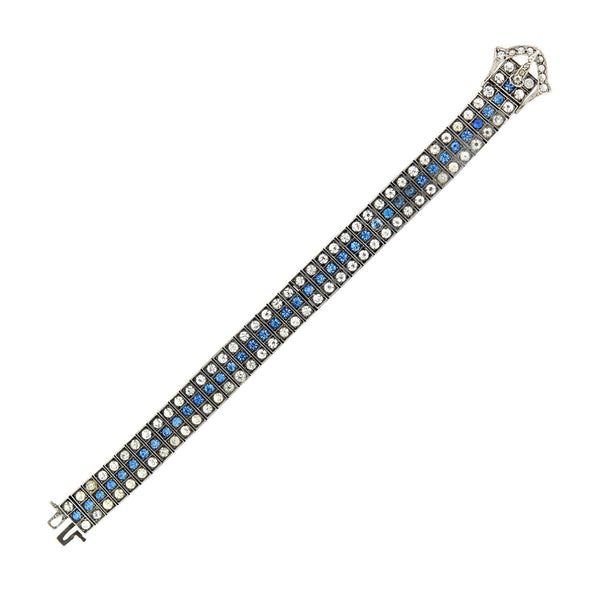 Art Deco Sterling White + Blue Paste Crystal Belt Buckle Motif Line Bracelet