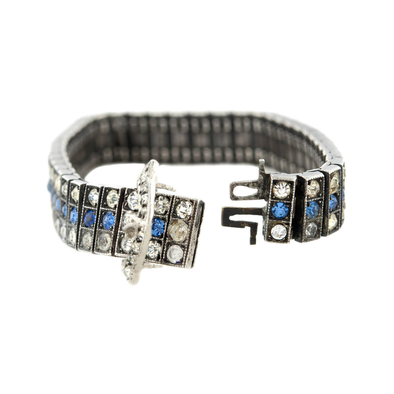Art Deco Sterling White + Blue Paste Crystal Belt Buckle Motif Line Bracelet