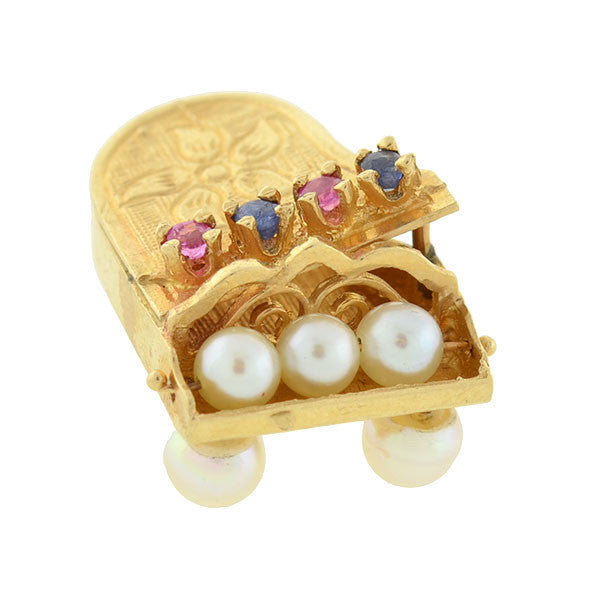 Vintage 14kt Cultured Pearl, Ruby & Sapphire Piano Charm