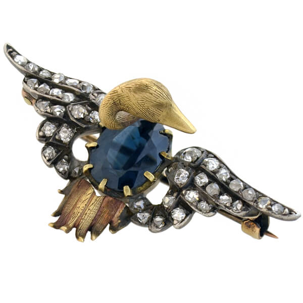 Victorian 15kt/Sterling Sapphire + Diamond Swan Pin
