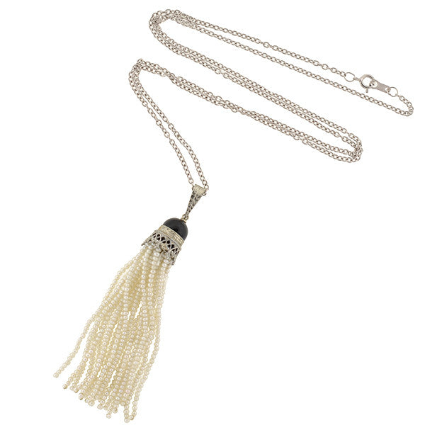 Art Deco 14kt Onyx & Seed Pearl Tassel Necklace