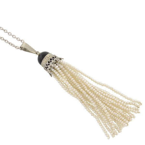 Art Deco 14kt Onyx & Seed Pearl Tassel Necklace