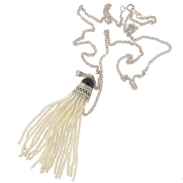 Art Deco 14kt Onyx & Seed Pearl Tassel Necklace