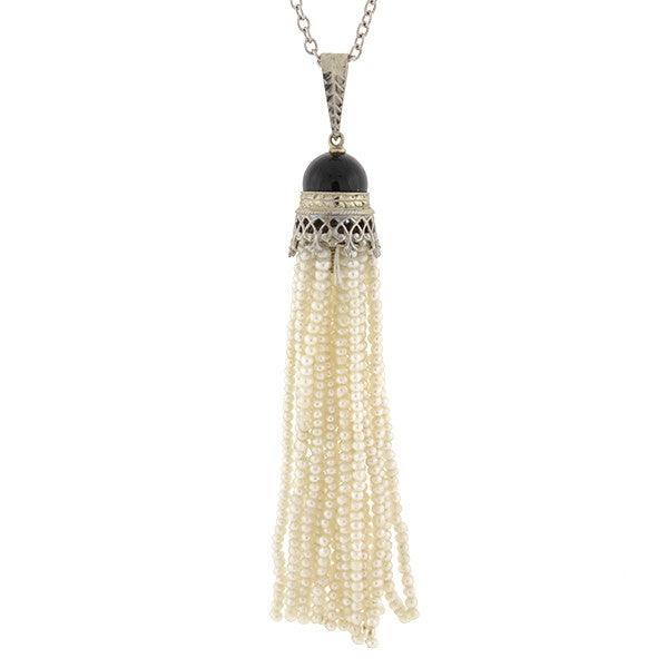 Art Deco 14kt Onyx & Seed Pearl Tassel Necklace