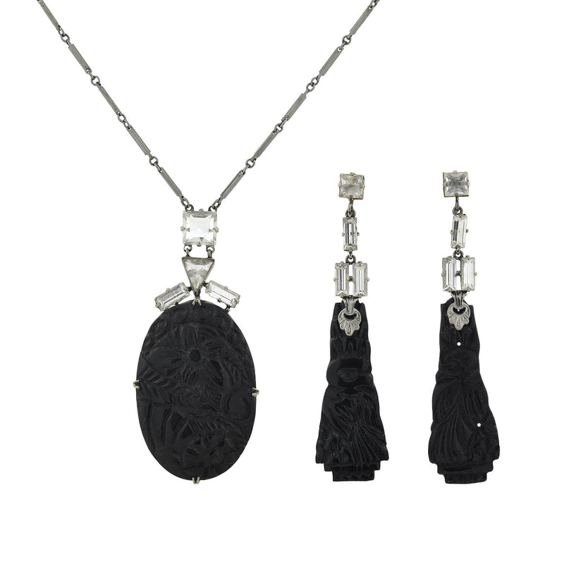 Art Deco Sterling Bakelite + Rhinestone Earring + Necklace Set