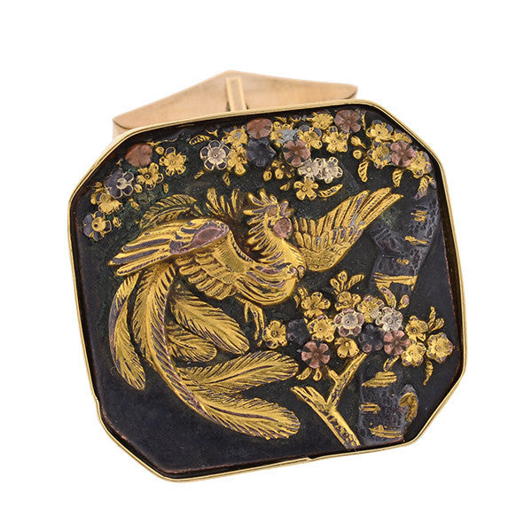 Victorian 14kt Shakudo Plaque Cufflinks with Bird Motif
