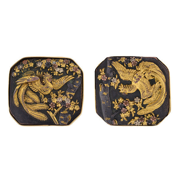 Victorian 14kt Shakudo Plaque Cufflinks with Bird Motif