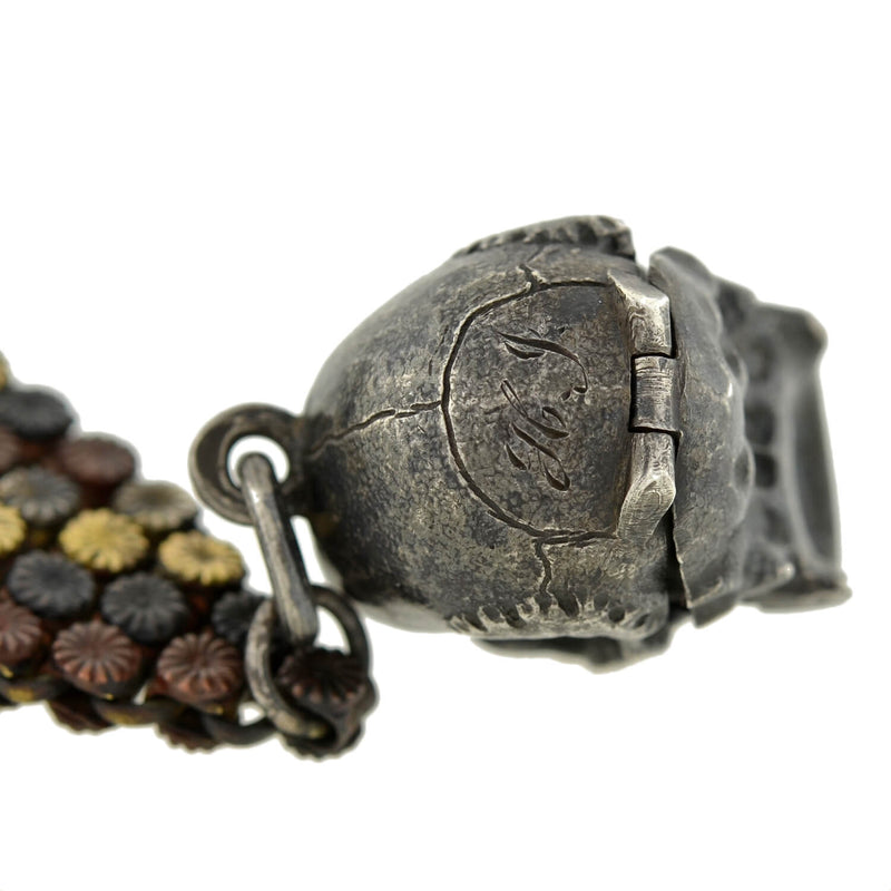 Victorian Mixed Metals Shakudo Chain + Skull Locket Fob Necklace 20.25"