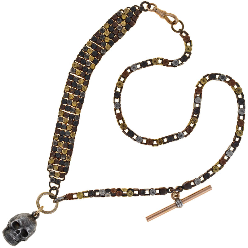 Victorian Mixed Metals Shakudo Chain + Skull Locket Fob Necklace 20.25"