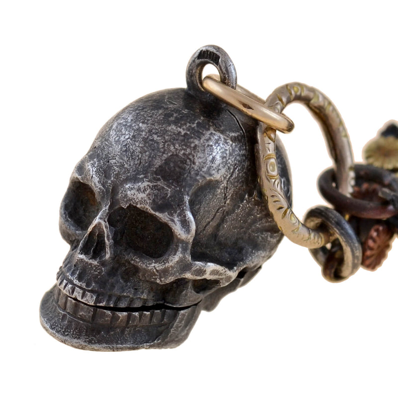 Victorian Mixed Metals Shakudo Chain + Skull Locket Fob Necklace 20.25"