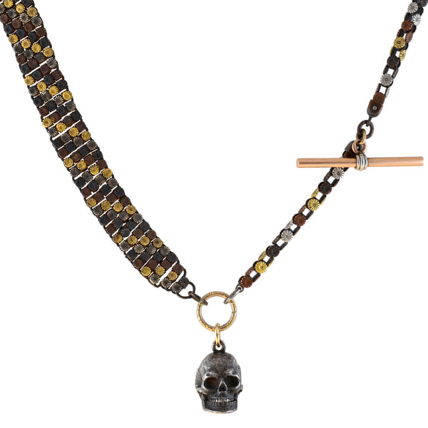 Victorian Mixed Metals Shakudo Chain + Skull Locket Fob Necklace 20.25"