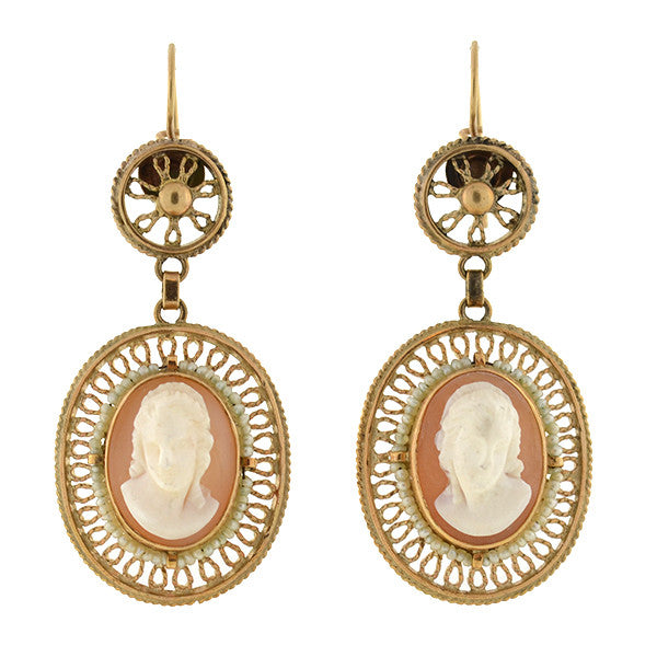 Victorian 14kt Shell Cameo & Seed Pearl Wirework Earrings