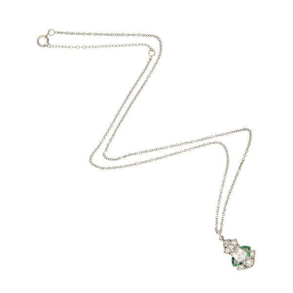 Art Deco Platinum Diamond & Emerald Pendant Necklace