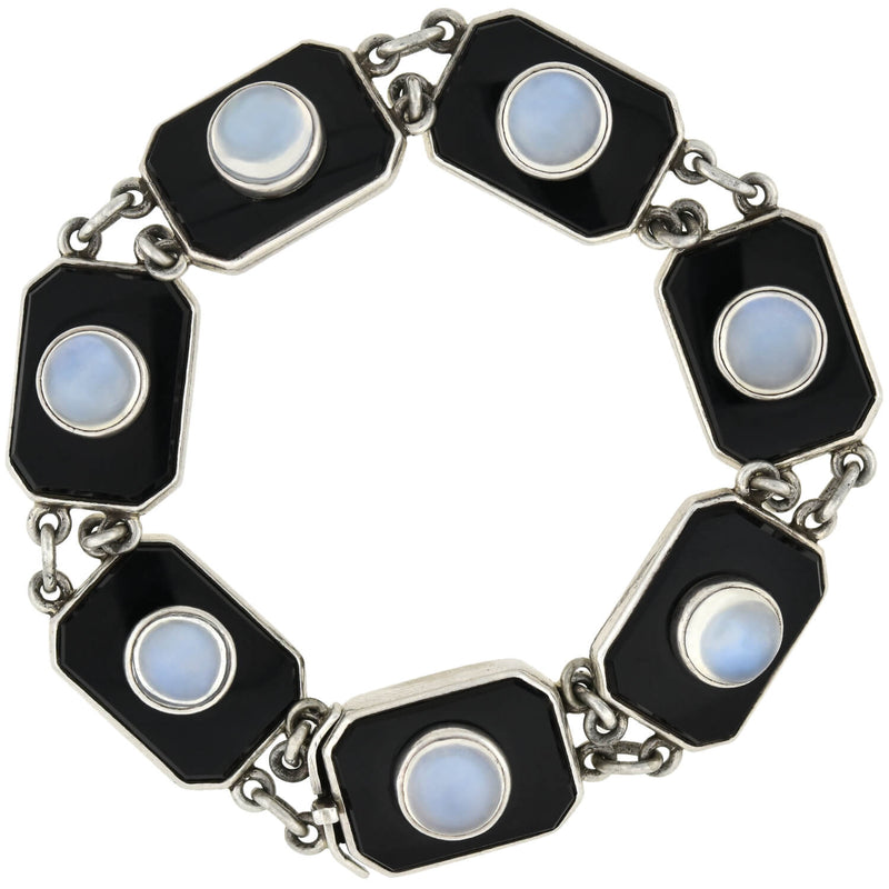 POTTER & MELLEN Art Deco Sterling Silver Onyx + Moonstone Link Bracelet