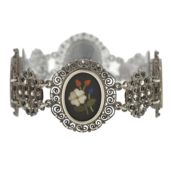 Victorian Silver Pietra Dura Floral Filigree Link Bracelet