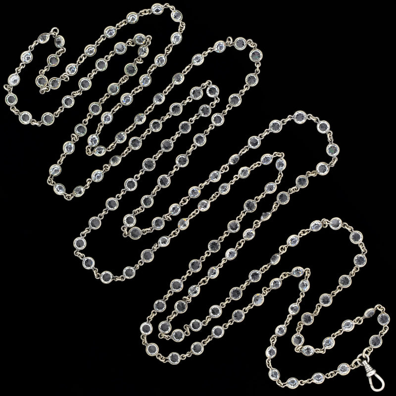 Art Deco Silver + French Paste Chain Necklace 62"