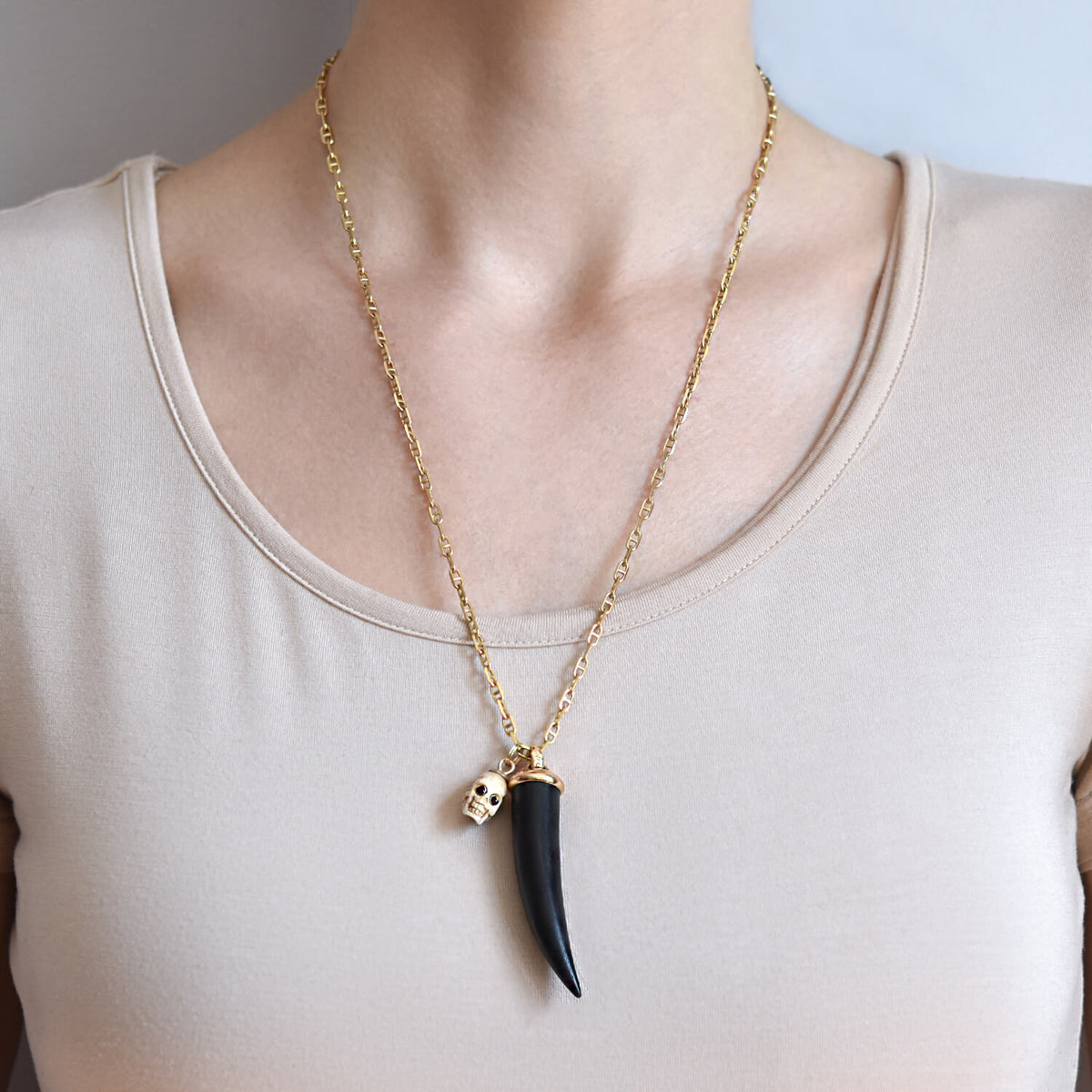 Estate 18kt/14kt Carved Bone Skull + Wood Horn Pendant Compilation Necklace