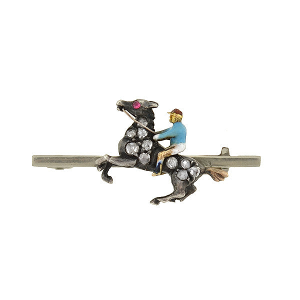 Victorian Petite Silver Diamond & Enamel Horse & Jockey Pin