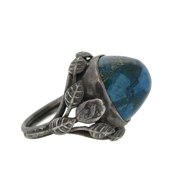 Arts & Crafts Silver Sodalite Stone & Leaf Ring
