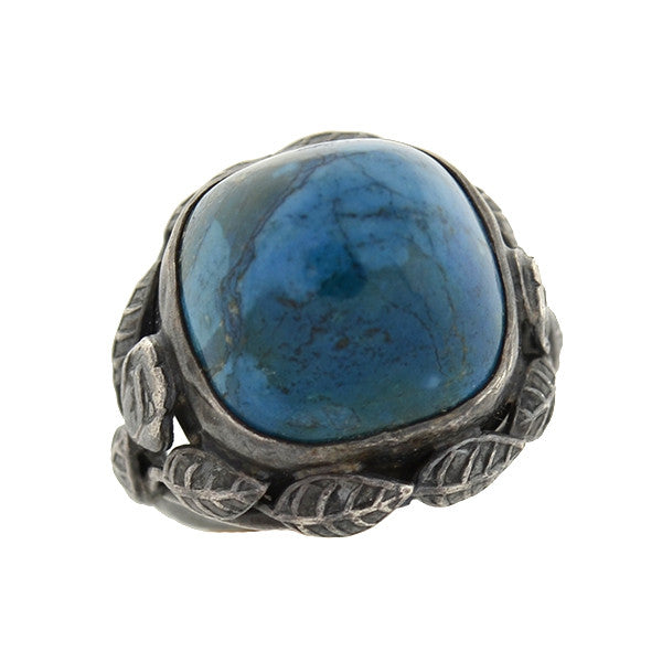 Arts & Crafts Silver Sodalite Stone & Leaf Ring