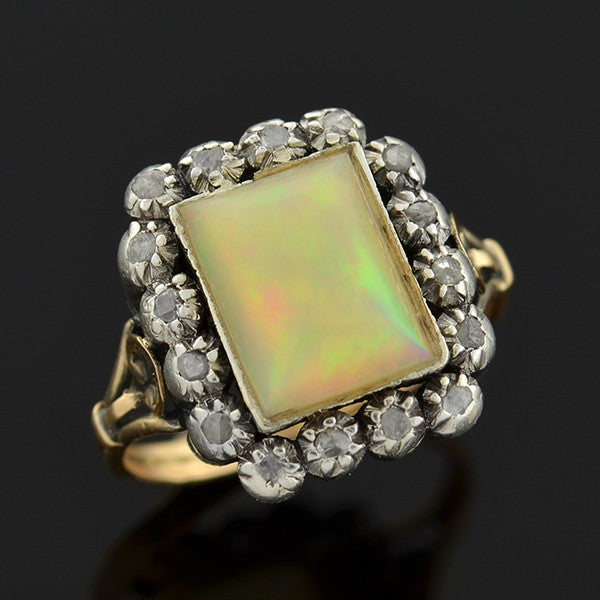 Victorian 18kt Sterling Opal & Rose Cut Diamond Ring