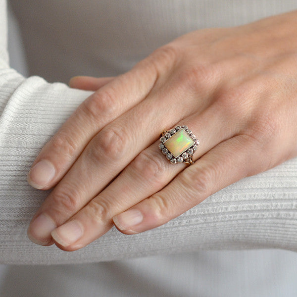 Victorian 18kt Sterling Opal & Rose Cut Diamond Ring