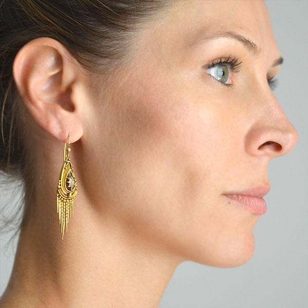 Victorian 15kt Pearl Enameled Starburst Foxtail Fringe Earrings
