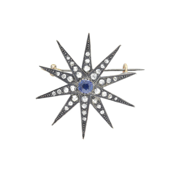 Victorian 14k/Sterling Diamond + Sapphire Starburst Pin