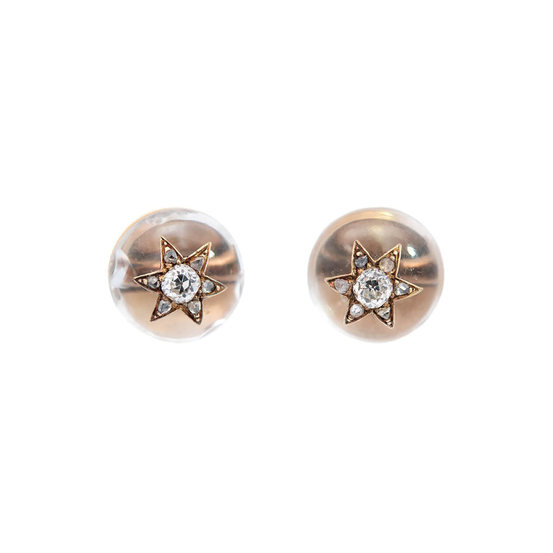 Victorian 14k Rock Quartz Crystal + Diamond Star Stud Earrings