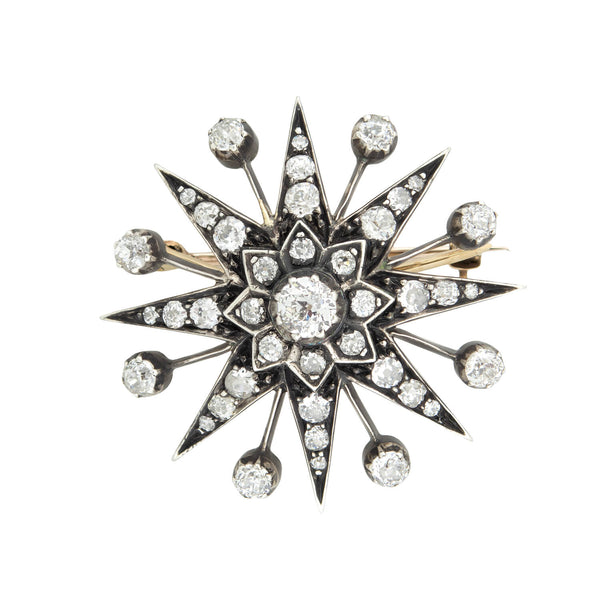 Victorian 15kt/Sterling Topped Diamond Starburst Pin/Pendant 3.0ctw
