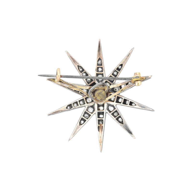 Victorian 14k/Sterling Diamond + Sapphire Starburst Pin