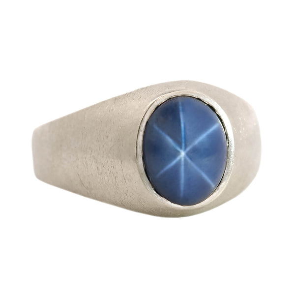 Retro Florentine 14k White Gold Star Sapphire Gypsy Ring