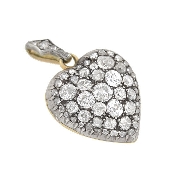 Early Victorian Sterling & 15kt Diamond Heart Locket 1.75ctw