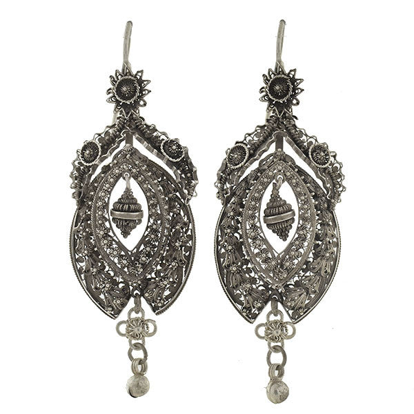 Victorian Dramatic Sterling Canetille Filigree Wirework Earrings