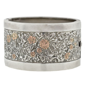 Victorian Silver Mixed Metals Floral Motif Bangle Bracelet