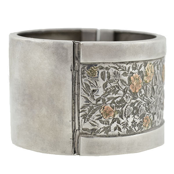 Victorian Silver Mixed Metals Floral Motif Bangle Bracelet