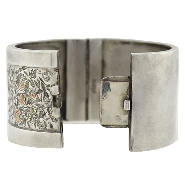 Victorian Silver Mixed Metals Floral Motif Bangle Bracelet