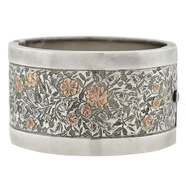 Victorian Silver Mixed Metals Floral Motif Bangle Bracelet