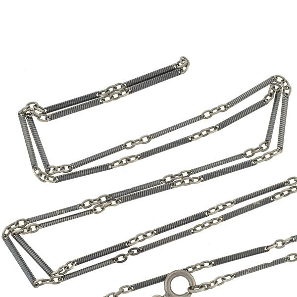 Victorian Long Sterling Silver Niello Link Chain 56"