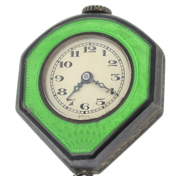 Art Deco Sterling Guilloche Enamel & Marcasite Watch Pin