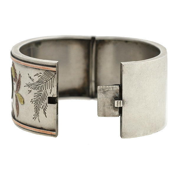 Victorian Sterling & 9kt Mixed Metals Floral Bangle Bracelet