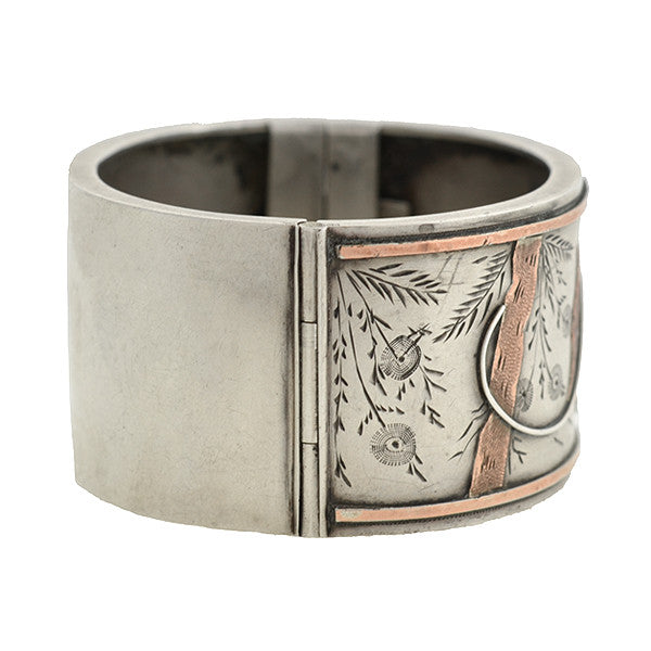 Victorian Sterling & 9kt Mixed Metals Floral Bangle Bracelet