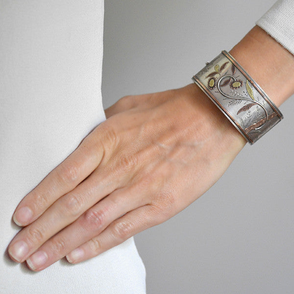 Victorian Sterling & 9kt Mixed Metals Floral Bangle Bracelet