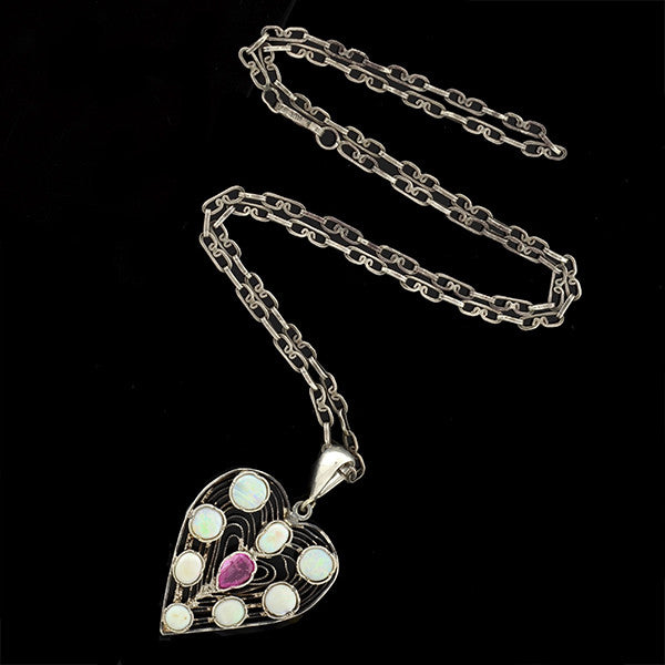 Vintage Sterling Opal & Crystal Heart Necklace