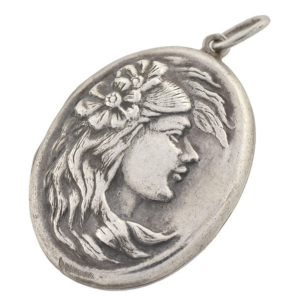 Art Nouveau Sterling Silver Repousse Woman Locket